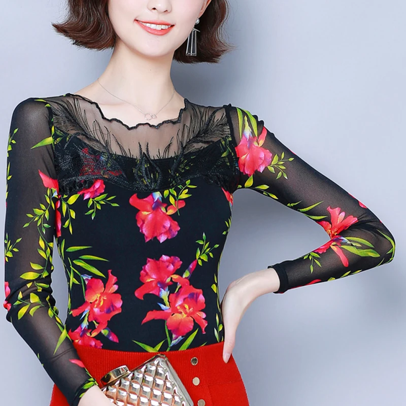 

Autumn 2021 Casual Women Blouses Lace Hollow Slim Long Sleeve O-neck Floral Women Clothing Elegant Fashion Women Tops 5675 50