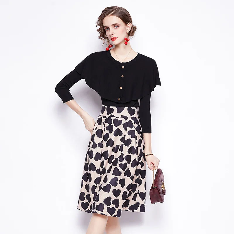 

Women Autumn Winter Fashion Dress Knit Top Print Skirt Two-Piece Set Office Lady Mid-Calf Regular O-Neck Heart Print Midi Dress