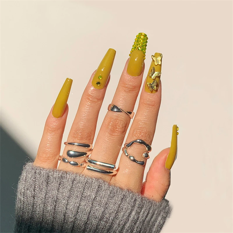 JP1307 Juego de uñas postizas largas, color amarillo mostaza, a presión,  con mariposas 3D, diseños de diamantes de imitación, longitud XL|Uñas  postizas| - AliExpress