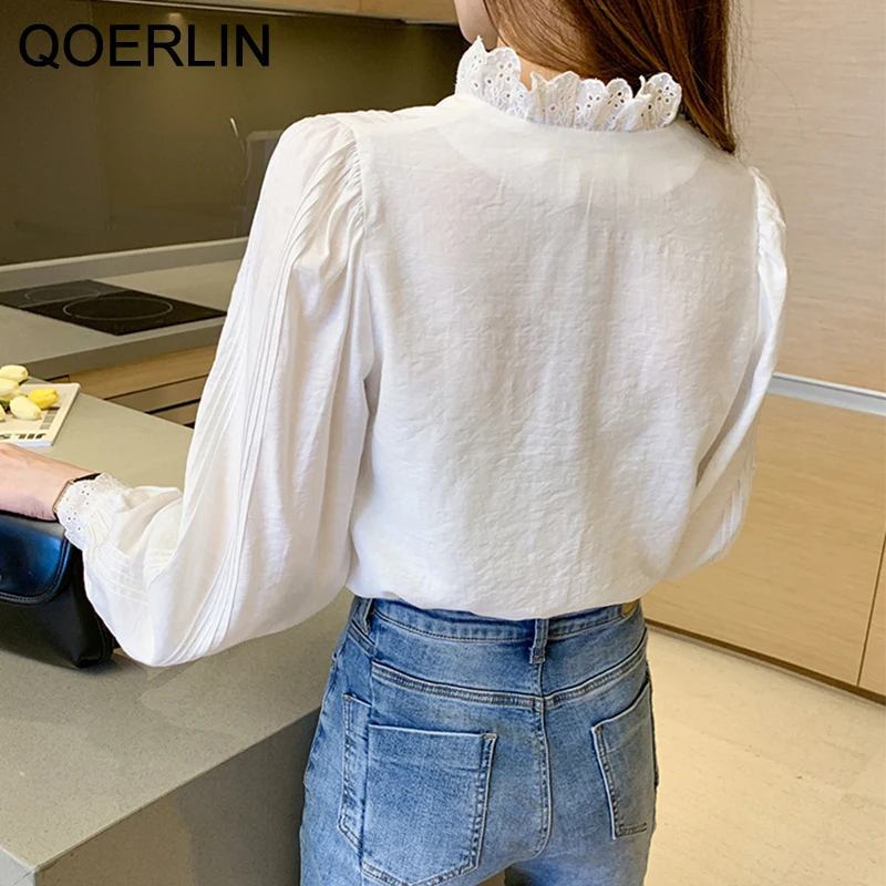 

QOERLIN Lace Hollow Out Blouse Women Plus Size Chic Elegant White Long Sleeve Loose Spring Summer Single-Breasted V-Neck Shirt