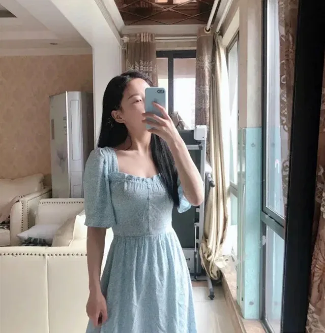 

Women Long Dress Buttons Short Sleeve Printed Square Collar Dress Female Clothes Summer