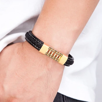 XQNI Luxury Style Stainless Steel Cubic Zirconia Black Leather Men's Leather Bracelet Black/Steel For Birthday Party Gift 2