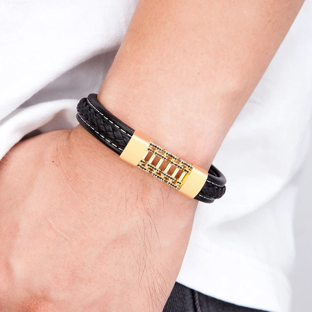 Luxury Style Stainless Steel Cubic Zirconia Black Leather Men's Bracelet Gold/Black/Steel Color For Birthday Party Gift | Украшения и