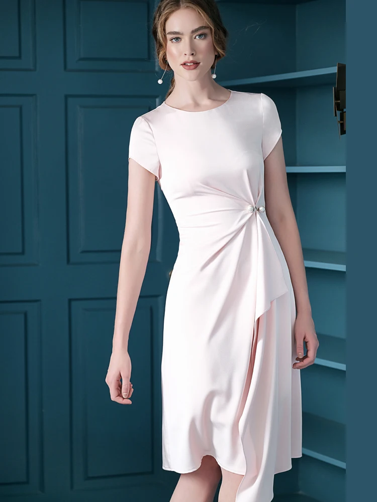 

Real Natural Silk Dresses High Quality Summer O Neck Womens Luxury Brand Elegant Ruffle Formal Office Lady Party Work Wear Robe