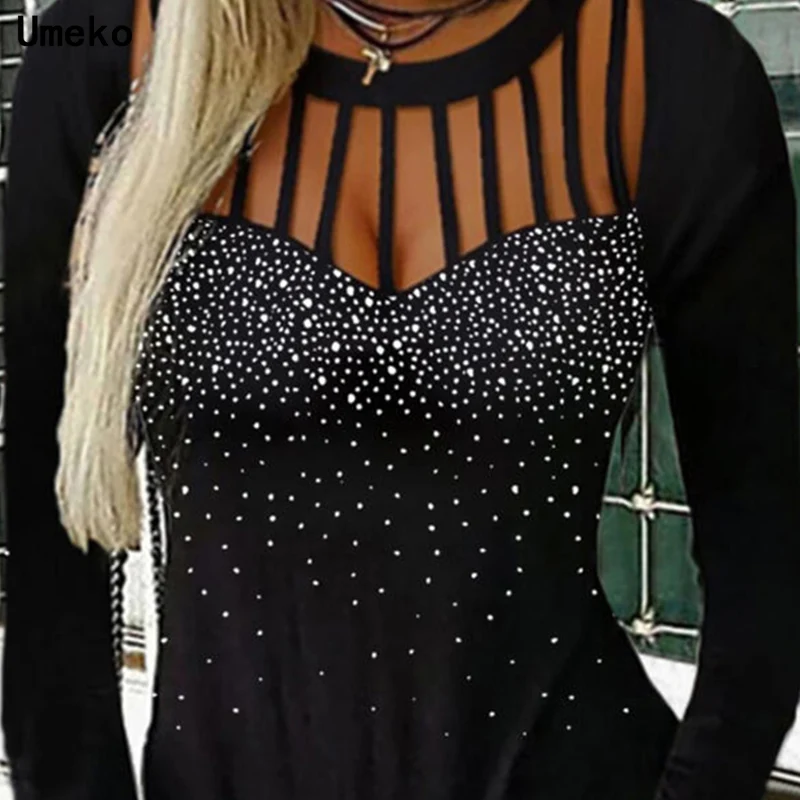 

Umeko Women Long Sleeve T-shirt New 2021 Spring Autumn Hollow Out V-neck Tops Shirt Sexy Embroidered Diamond Women Tops Blusas
