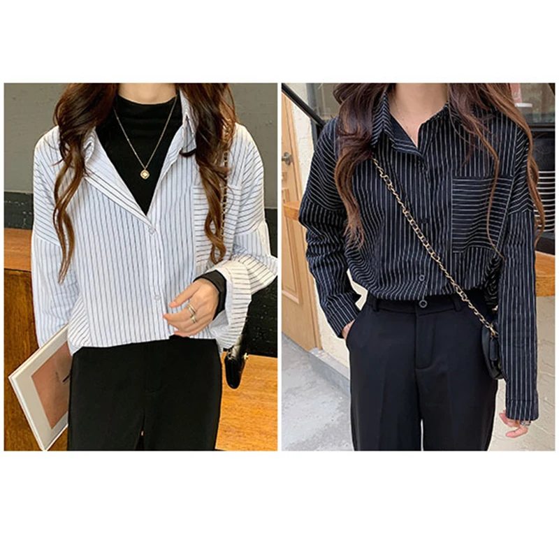 

Oteele Women Blouses Turn-down Collar Striped Blouse Shirts Spring Autumn 2020 Fashion Trend Pocket Mid-length Black Shirt Tops