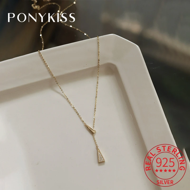 PONYKISS настоящее серебро 925 пробы треугольник Y тип циркон 14 К золото колье ожерелье