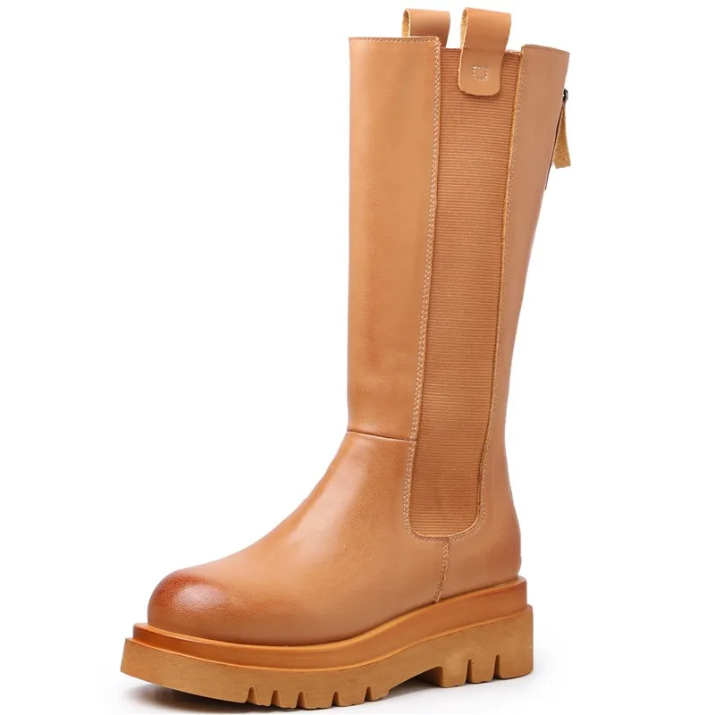 

Maogu Genuine Leather Women's Mid-Calf Boots Genuine Leather Fashion Women Long Boots Autumn Round Toe Ladies Platform Shoes