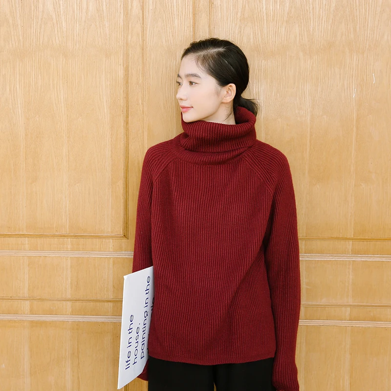 Красный свитер с высоким воротником женский зимний осенний Свободный