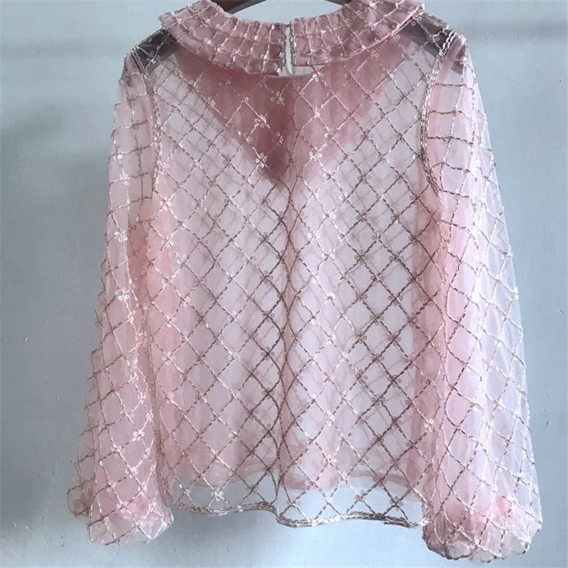 

Sexy Women Perspective Mesh Crop Top Runway Peter Pan Collar Beading Sequin Pullover Shirt Plaid Style