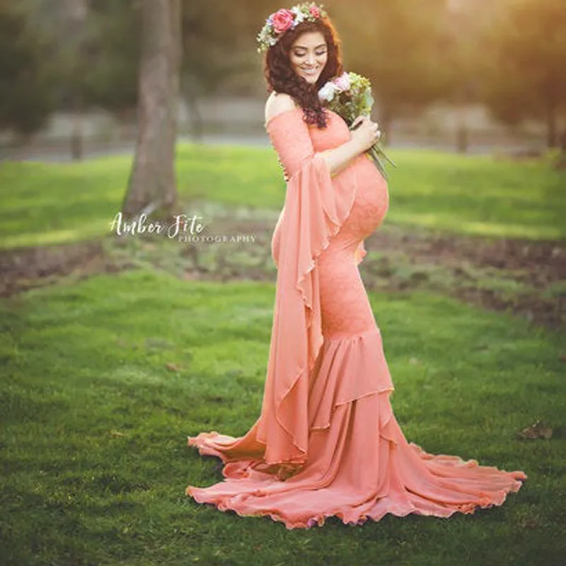 Костюм платье с кружевом для беременных женщин одежда длинными рукавами длинное