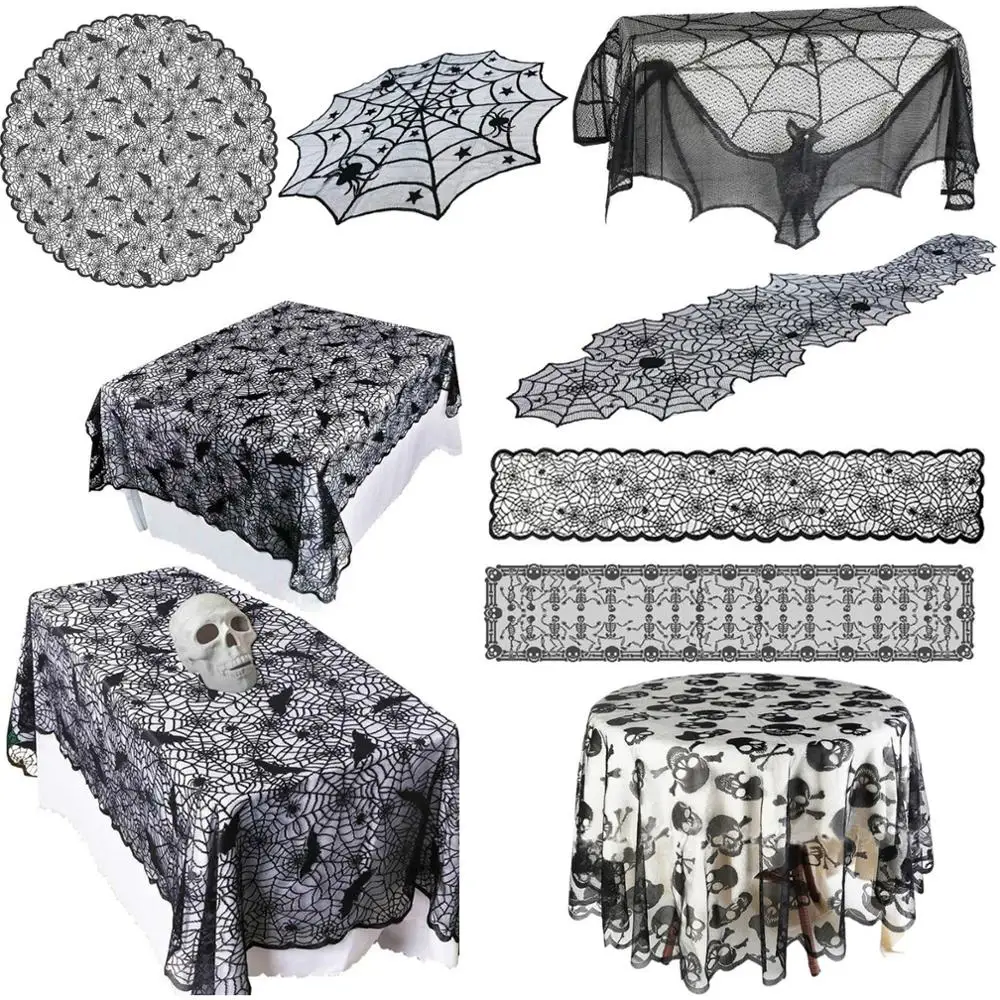 

Halloween Decoration Lace Spider Web Skeleton Skull Tablecloth Black Fireplace Mantel Scarf Event Party Decoration Supplies
