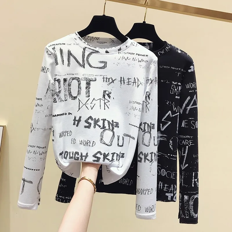 

Spring Autumn Women Tops 2022 New Harajuku Print T Shirt O-Neck Punk Letter T Shirt Print Casual Long Sleeve Streetwear Femme