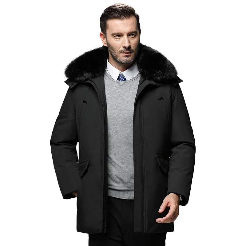 Зимняя мужская куртка на белом утином пуху толстое пальто брендовая с меховым