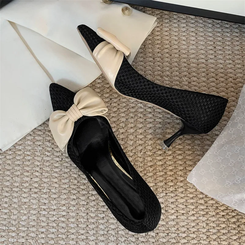 

Meotina Pointed Toe Pumps Women Shoes High Heels Bow Stiletto Heel Dress Shoes Slip On Female Footwear 2021 New Spring Black 41