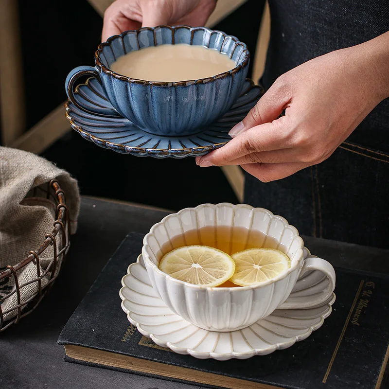 Japanese Ceramic Coffee Mug Creative Chrysanthemum Shaped Coffee Cup Saucer Set Simple Retro Afternoon Tea Cup