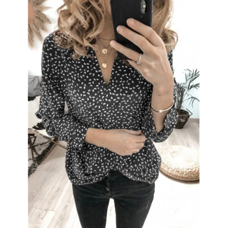 Повседневная шифоновая блузка новинка с принтом в горошек v-образный вырез