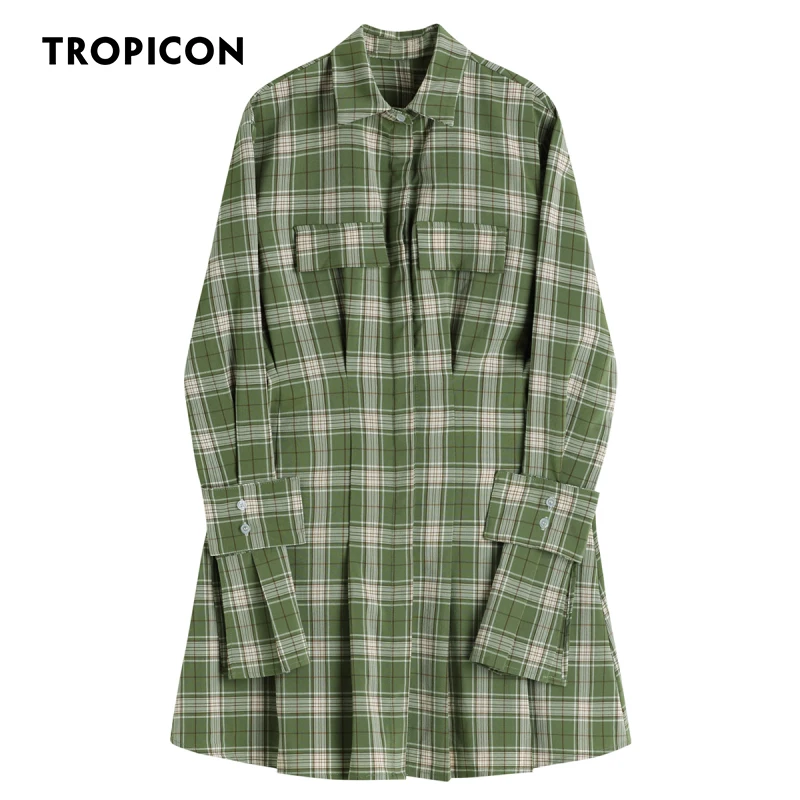 

Зеленое клетчатое платье-рубашка TROPICON на пуговицах, туники трапециевидной формы с длинным рукавом, корейское модное мини-платье, осенняя одежда для женщин
