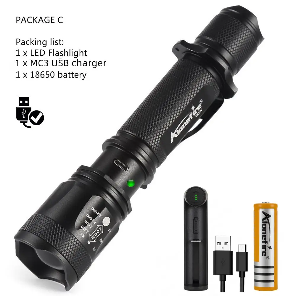PACKAGE C AloneFire TK200 мощный светодиодный светильник-вспышка xml L2 с подзарядкой от usb, тактический фонарь, светильник-вспышка для альпинизма - Испускаемый цвет: PACKAGE C