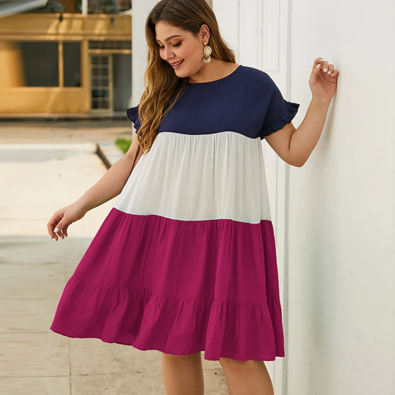

Large Size Women 2021 Summer Dresses Short Sleeve O-neck Striped Patchwork Pleated Cotton Dress Casual Vestidos Mujer De