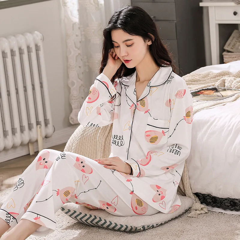 

Autumn and Winter Pajamas Women Long-sleeved Korean Sweet Plus Size Knitted Cotton Pajamas Comfortable Student Home Service Suit