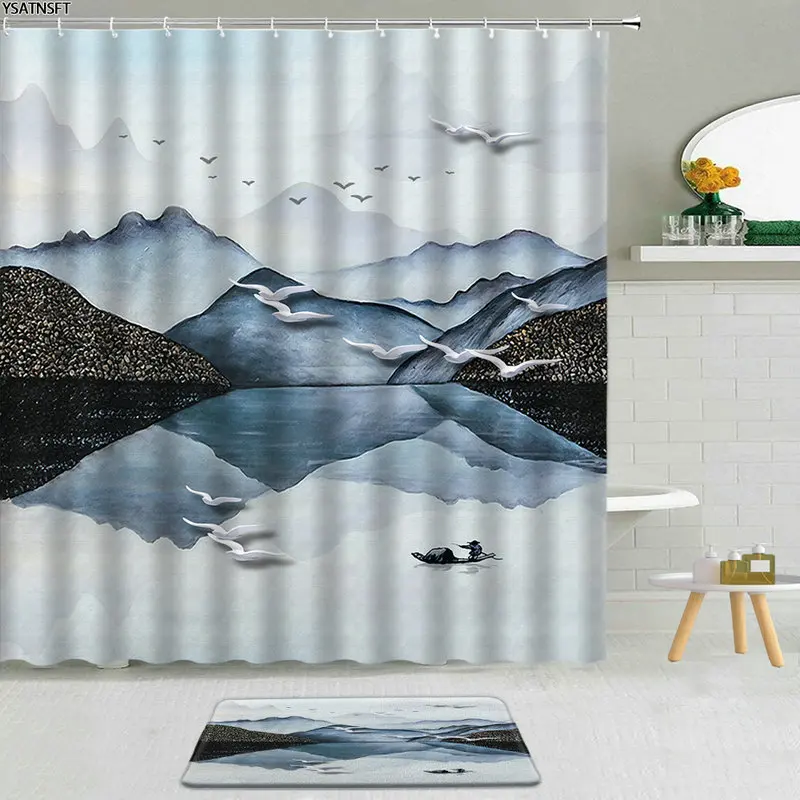 

2pcs/set Chinese Landscape Scenery Shower Curtain Bath Mat Rug Mountains Asia Traditional Ink Landscape Art Bathroom Decor Mat