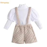 fashion girls puff sleeve solid knitting top shirts plaid strap shorts pants toddler kids baby children clothes set 2pcs 18m 6y