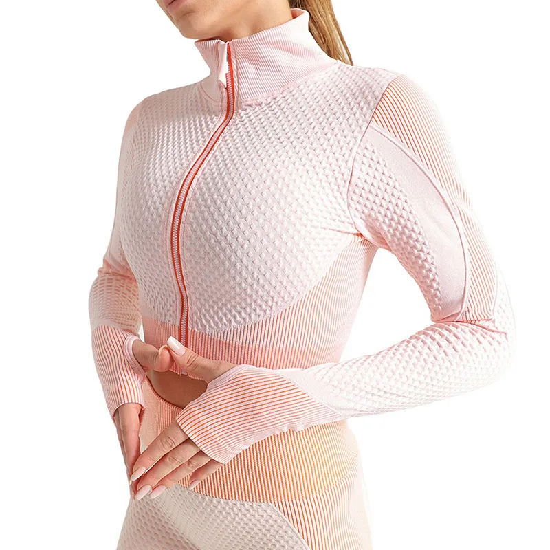 

NORMOV Fitness Women Top Seamless Stripe Patchwork Stand Collar Zipper Long Sleeve Nylon Top Mesh Sheath Casual Top Verano Mujer