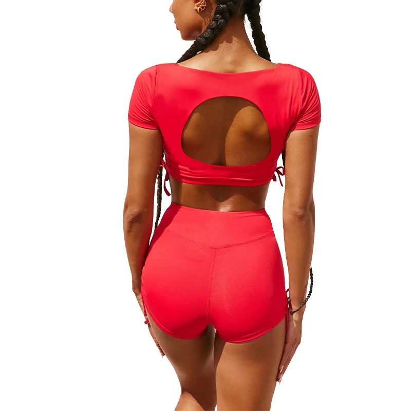 

Женские спортивные костюмы с вырезами на спине, шорты для йоги, рукава, квадратный воротник, влагоотводящие быстросохнущие топы, шорты с выс...