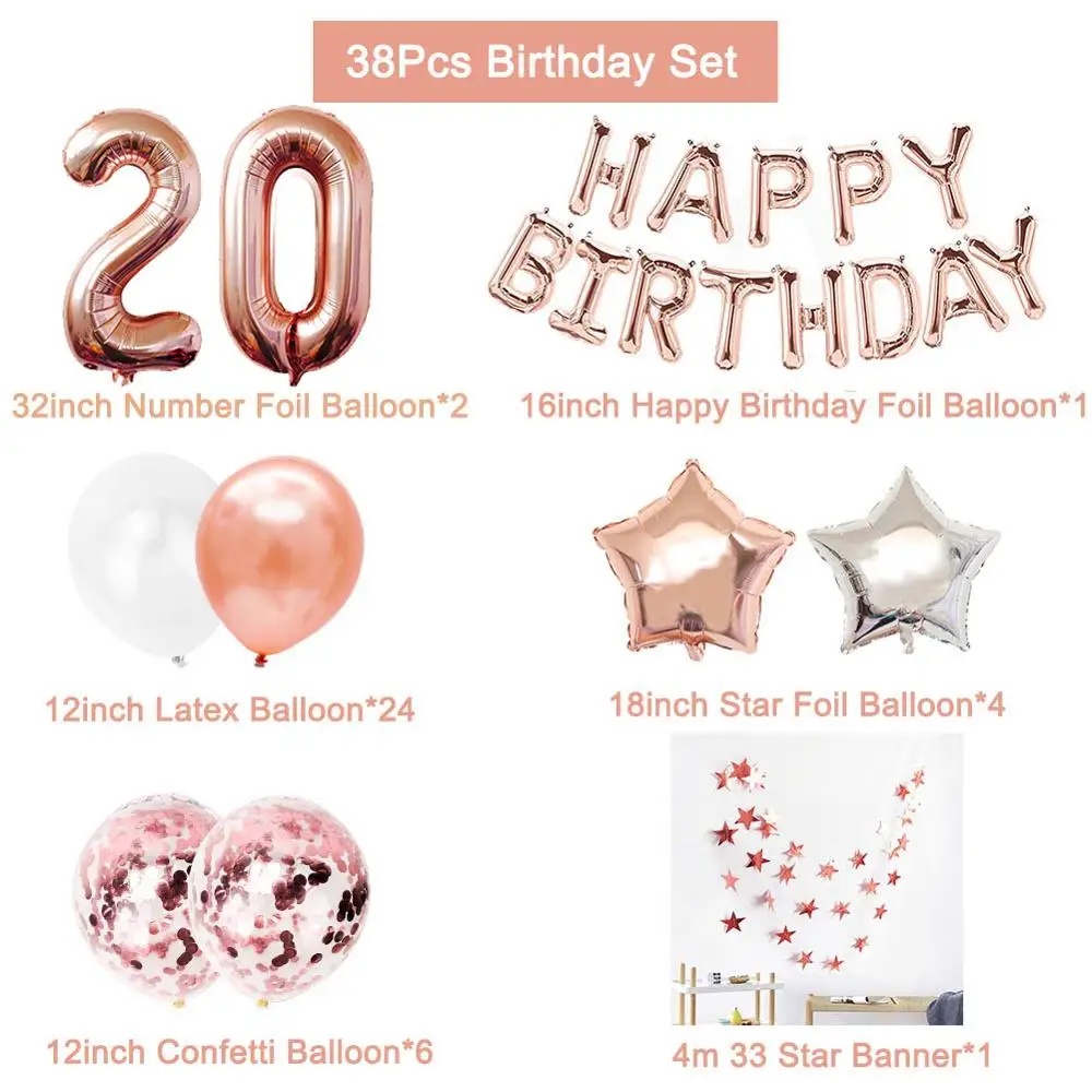 38pcs 32inch Happy 20 Birthday Foil Balloons Rose Gold Blue Pink Number 20th Years Old Adult Party Decorations Man Woman Supplie | Дом и сад
