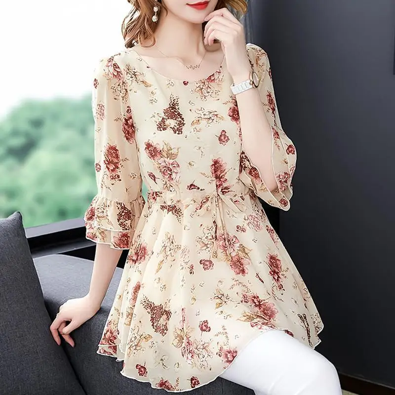 

Летнее женское шифоновое элегантное платье с О-образным вырезом повседневные рубашки Блузы свободного покроя с модным принтом, с тонкой та...