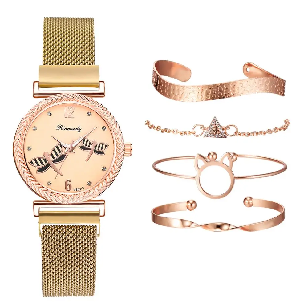 5 шт. в комплекте женские наручные часы модные Роскошные Аналоговые магнитные