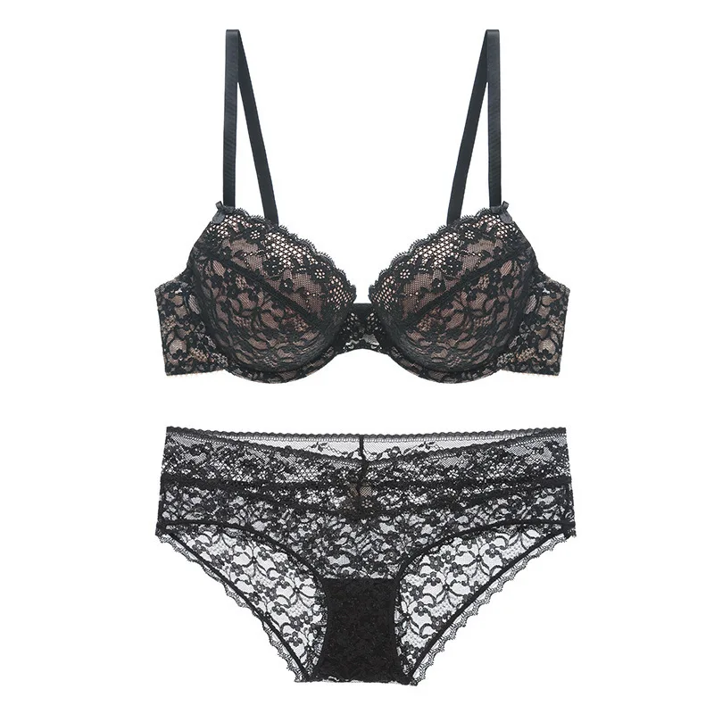 

2021 French Thin Cup Soft Lace Women's Underwear Set Sexy Lace Thin Cup Sponge Plus Size Black Bra Set Adjusted-Straps Push Up