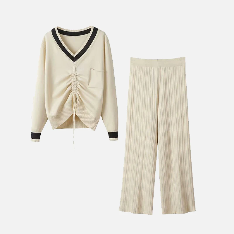 

Женский вязаный комплект из 2 предметов, свитер с длинным рукавом и V-образным вырезом и широкие брюки с эластичным поясом, однотонные свобод...