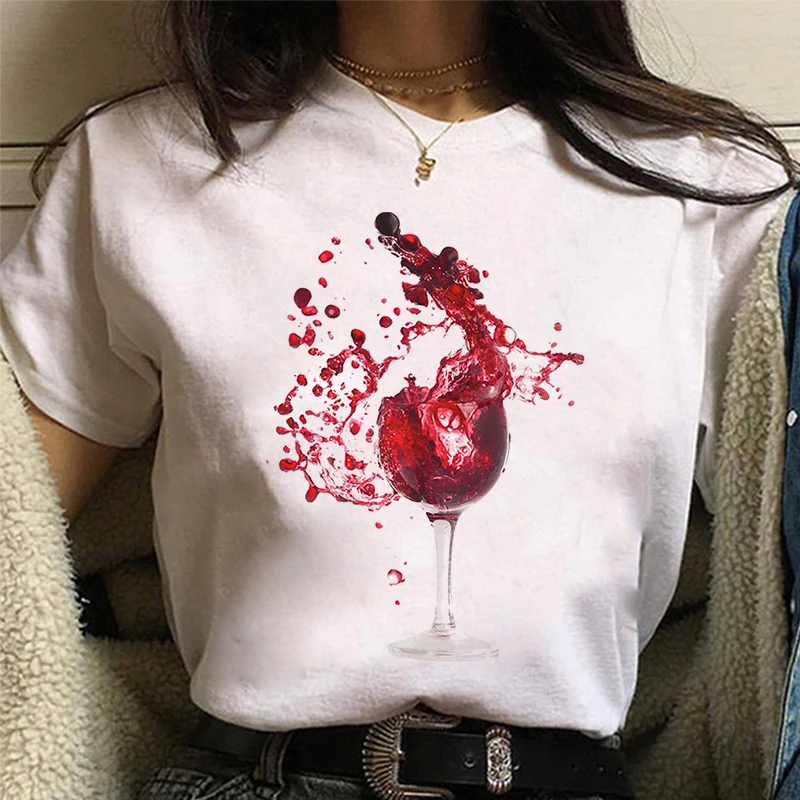 

Red Wine Glass Graphic Print T-shirt Women Harajuku Aesthetic White Top Kpop Tshirt 2021 New Summer Fashion Y2k Female T Shirt