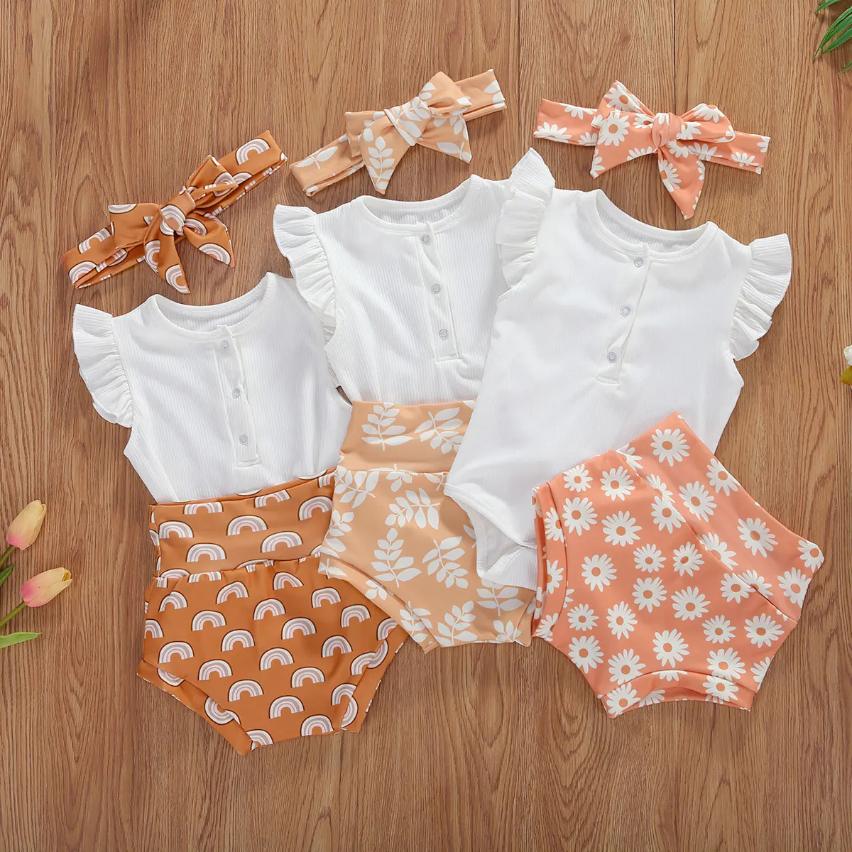 

Pudcoco Baby Girl Floral Clothes Sets Summer Baby Girls Ruffles Short Sleeve Romper Tops + Sun Flower Printed Shorts + Headband