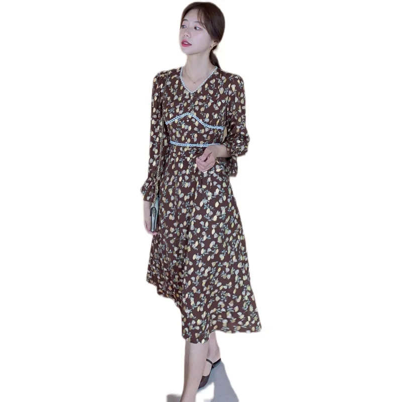 

COIGARSAM French Style Chiffon Women Long dress New Floral Print Flare Sleeve Dresses 2160