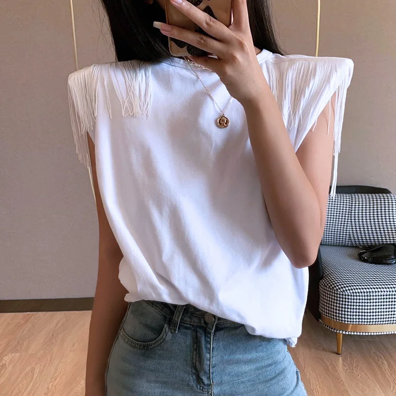 

Chic Design Tassel Shoulder Pad High Fashion T Shirt Women Solid Cotton Sleeveless Summer Loose Tops O-Neck 2020 New OL Tshirt