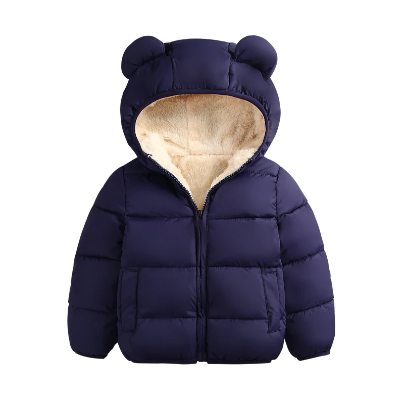Navy SundaAngel/Детские Зимние куртки для девочек; однотонная теплая шерсть ягненка с капюшоном и ушками; пальто для мальчиков плотные парки с длинными рукавами; верхняя одежда - Цвет: Navy