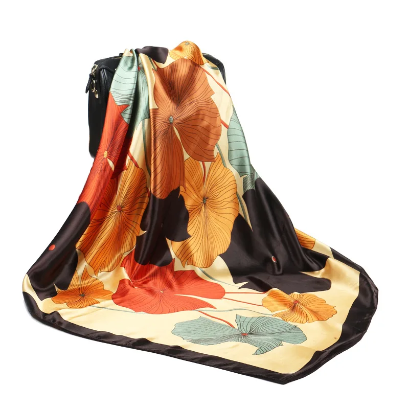 

Women's Square Silk Scarves 90*90cm Fashion 2021 Ladies Satin Printed Scarf Shawl Autumn Winter Female Lotus Leaf Scarves Gift