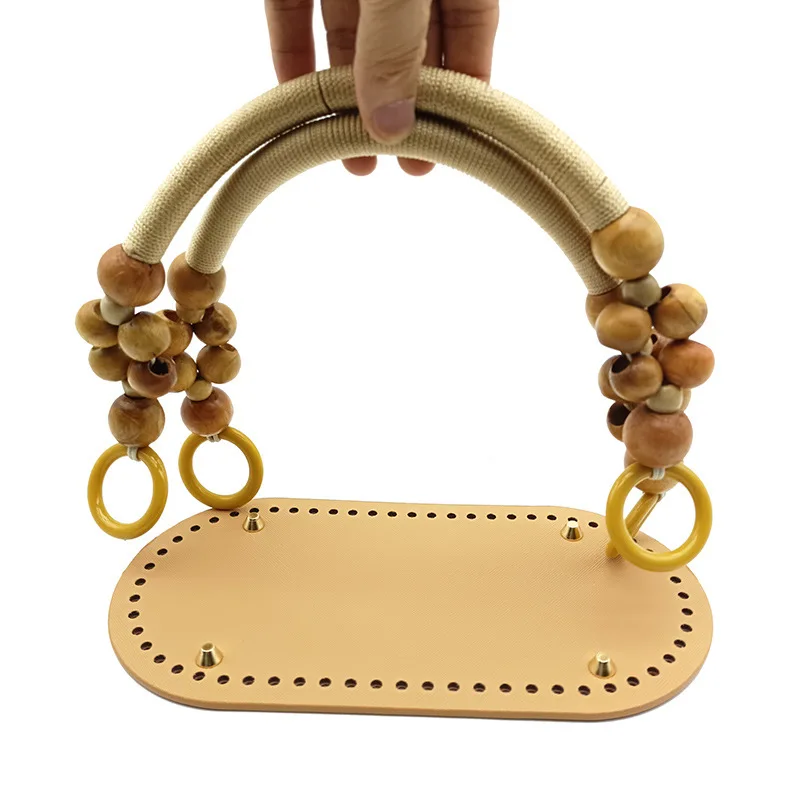 

DIY Woven Bag Accessories Wooden Bead Handle Strap PU Handbag Bottom Handmade Bag Parts Material Set Package Replacement 4 Color
