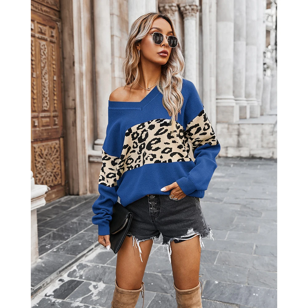 

Woman Sweaters Fashion Undefined Sweater Vest Women's Clothing Autumn And Winter New V Neck Color Block Leopard Print Sweater