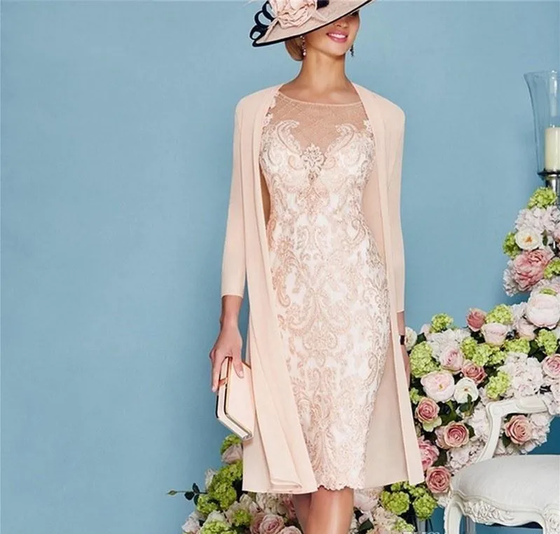 

Knee Length Pink Lace Mother of the Bride Dresses with Jacket Two Pieces 2021 Full Sleeve Sheath Slim Formal Party Gown Dress