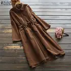 Винтажное осеннее вельветовое платье, женский сарафан на завязках с длинным рукавом, модное однотонное длинное платье ZANZEA с отворотом
