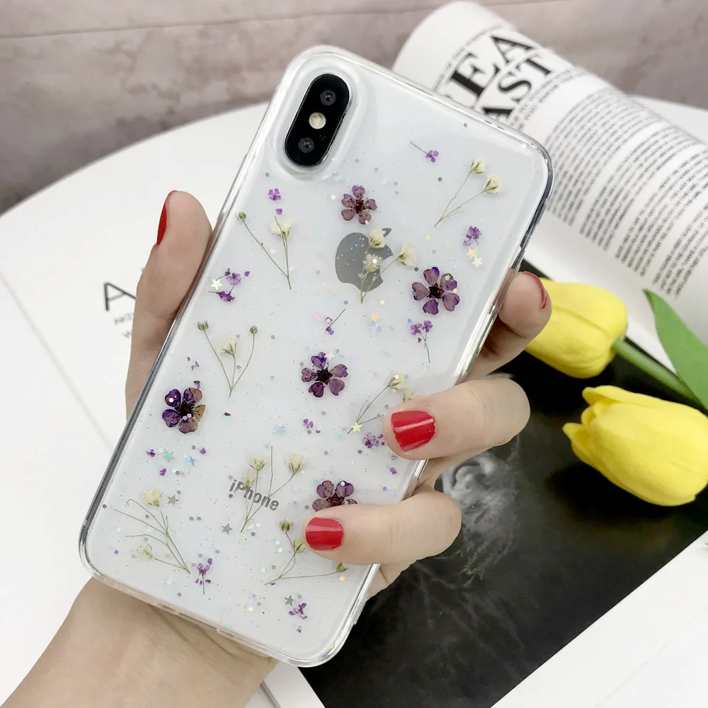 Настоящие сухие цветы чехол для iphone 7 8 Plus X чехол для iphone 11 Pro XR X XS Max 8 7 6S 6 Plus чехол силиконовый чехол для телефона s - Цвет: Purple