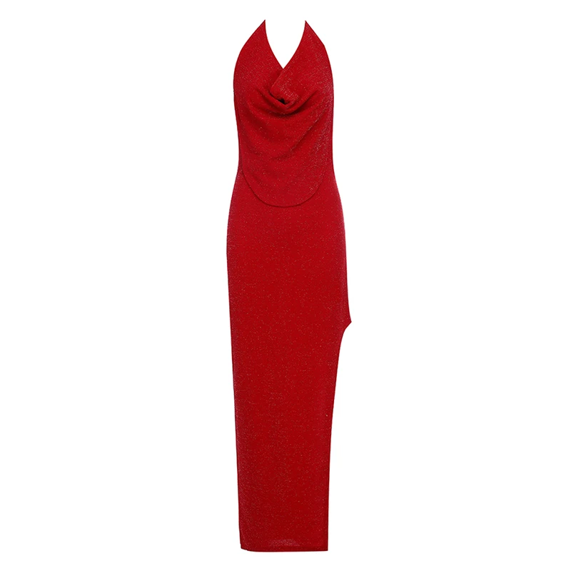 

Beateen 2019 New Fashion Sexy Halter Sleeveless Backless Side Split Slim Ladies Evening Party Mid-Calf Dress Red