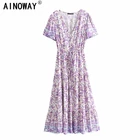 Винтажное шикарное женское фиолетовое пляжное платье-макси из вискозы с цветочным принтом, женское Плиссированное Платье Бохо на пуговицах с V-образным вырезом