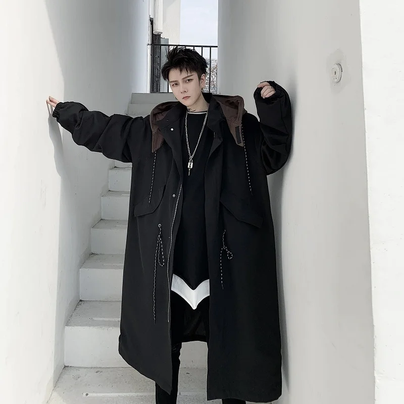 

Men Removable Canvas Hat Long Trench Coat Outerwear Man Streetwear Loose Windbreaker Hooded Cardigan Jacket Overcoat