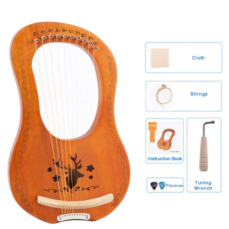 Mahogany 10 Strings Lyre Harp Greek Small Musical Instrument Including Instruction Tuning Wrench Plectrum Cloth For Beginners enlarge
