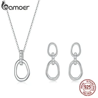 bamoer geometric necklace earring buckles 925 sterling silver double button simple cz jewelry for women fine jewelry sce1016
